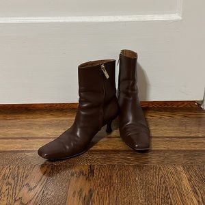 Brown square toe kitten heel ankle booties